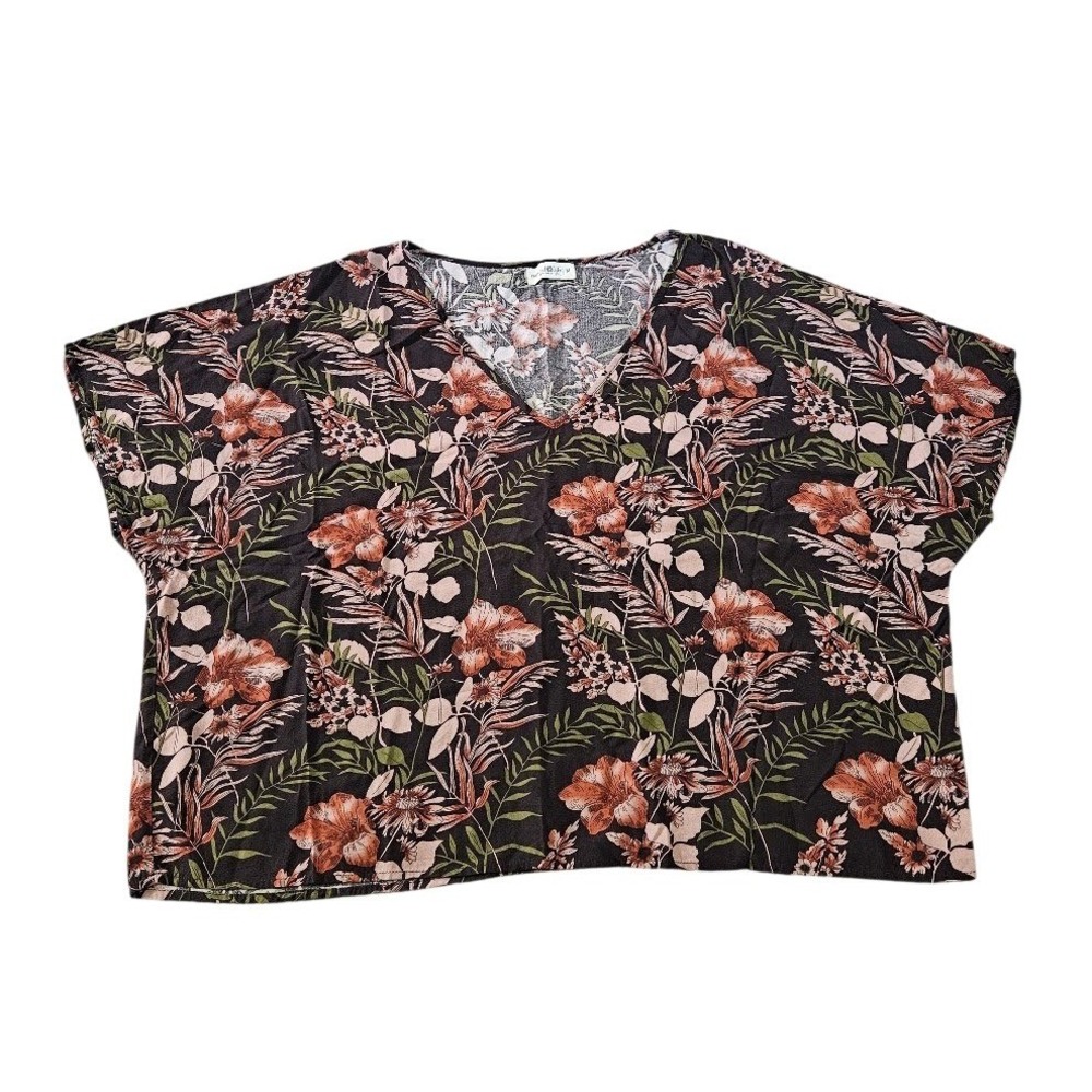 Natural Life Women Medium Floral V-Neck Boxy Rayon Blouse Short Sleeve Boho Top